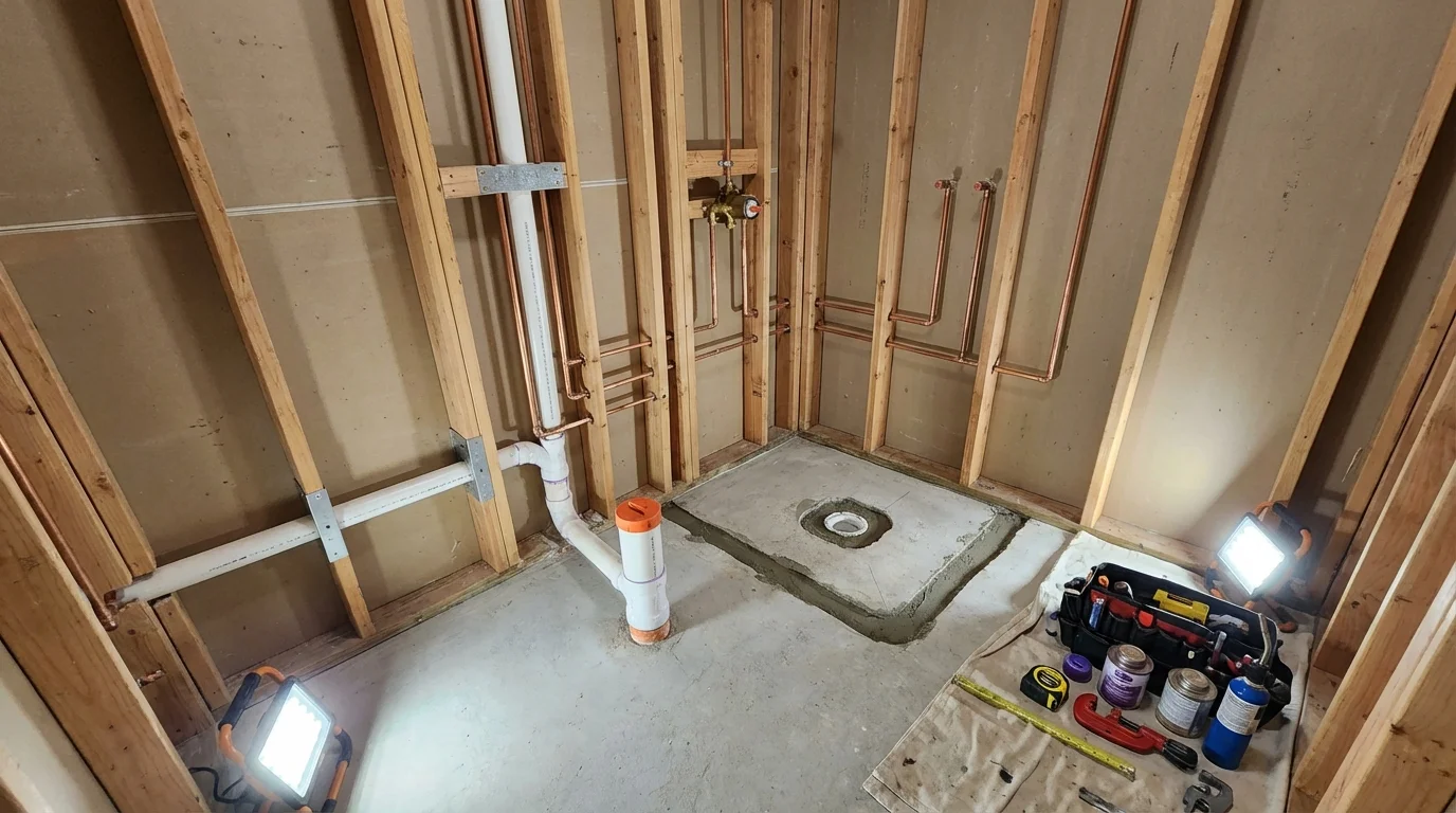 Bathroom rough-in plumbing during remodel by Johns Plumbing LLC in Oswego