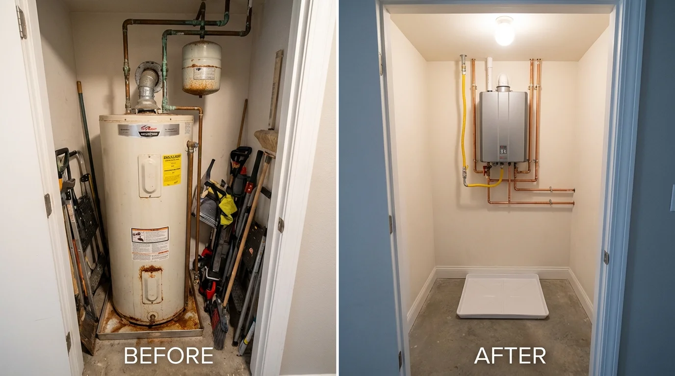 Tank water heater versus wall-mounted tankless unit comparison for Oswego, KS homeowners