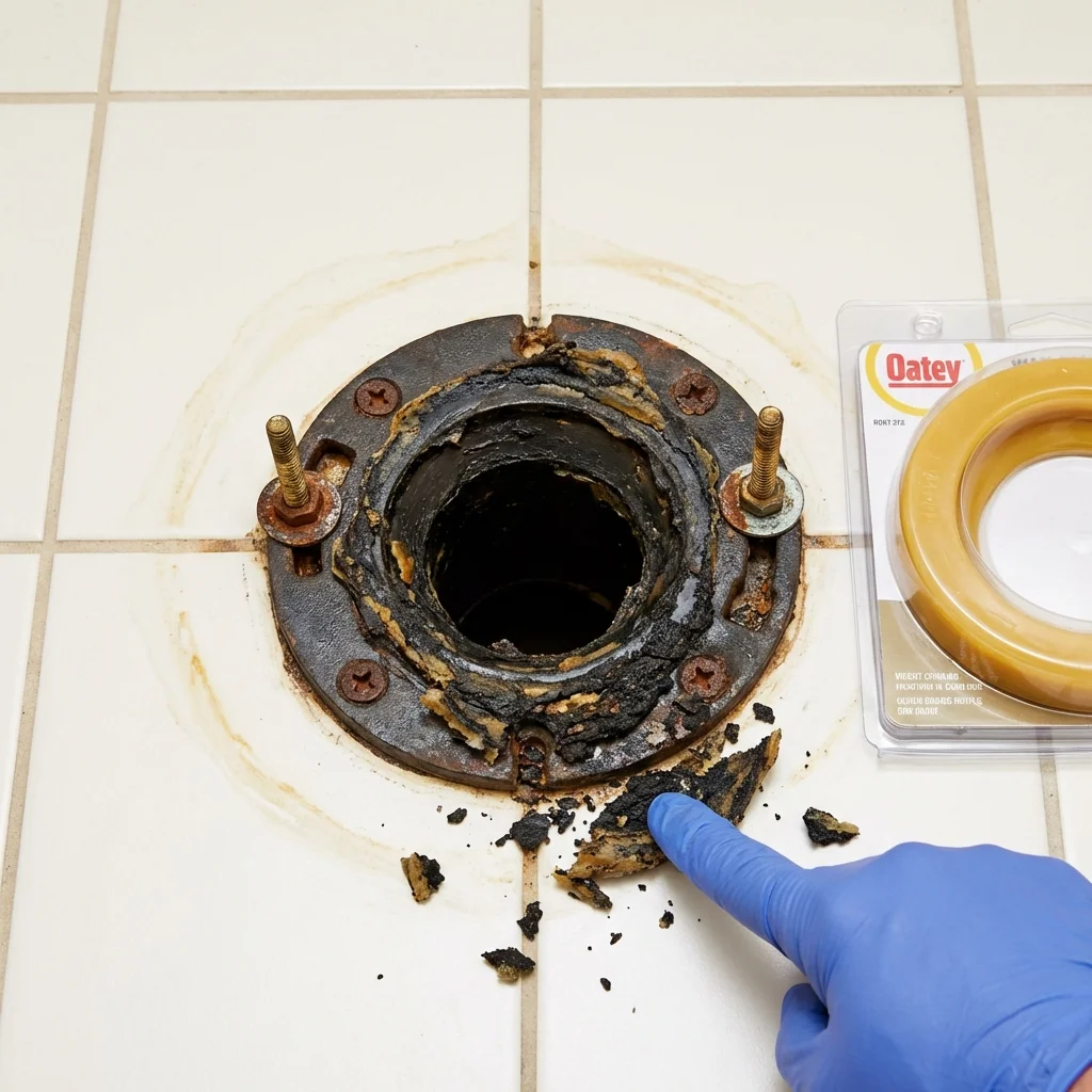 Failed wax ring showing water seepage at the base of a toilet in a Oswego, KS home